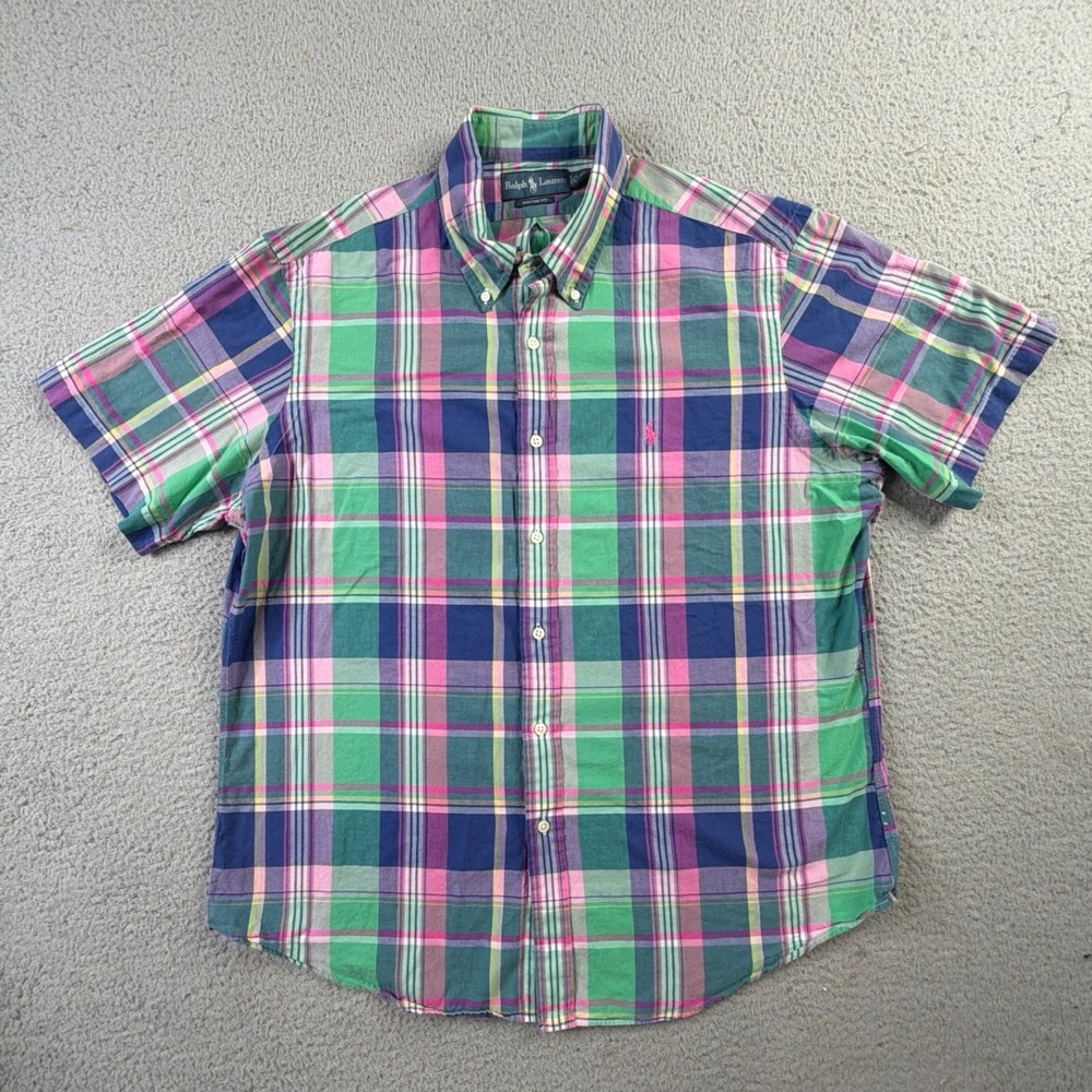 Vintage Ralph Lauren Madras Pattern Plaid Button Down Shirt Mens XL Custom Fit